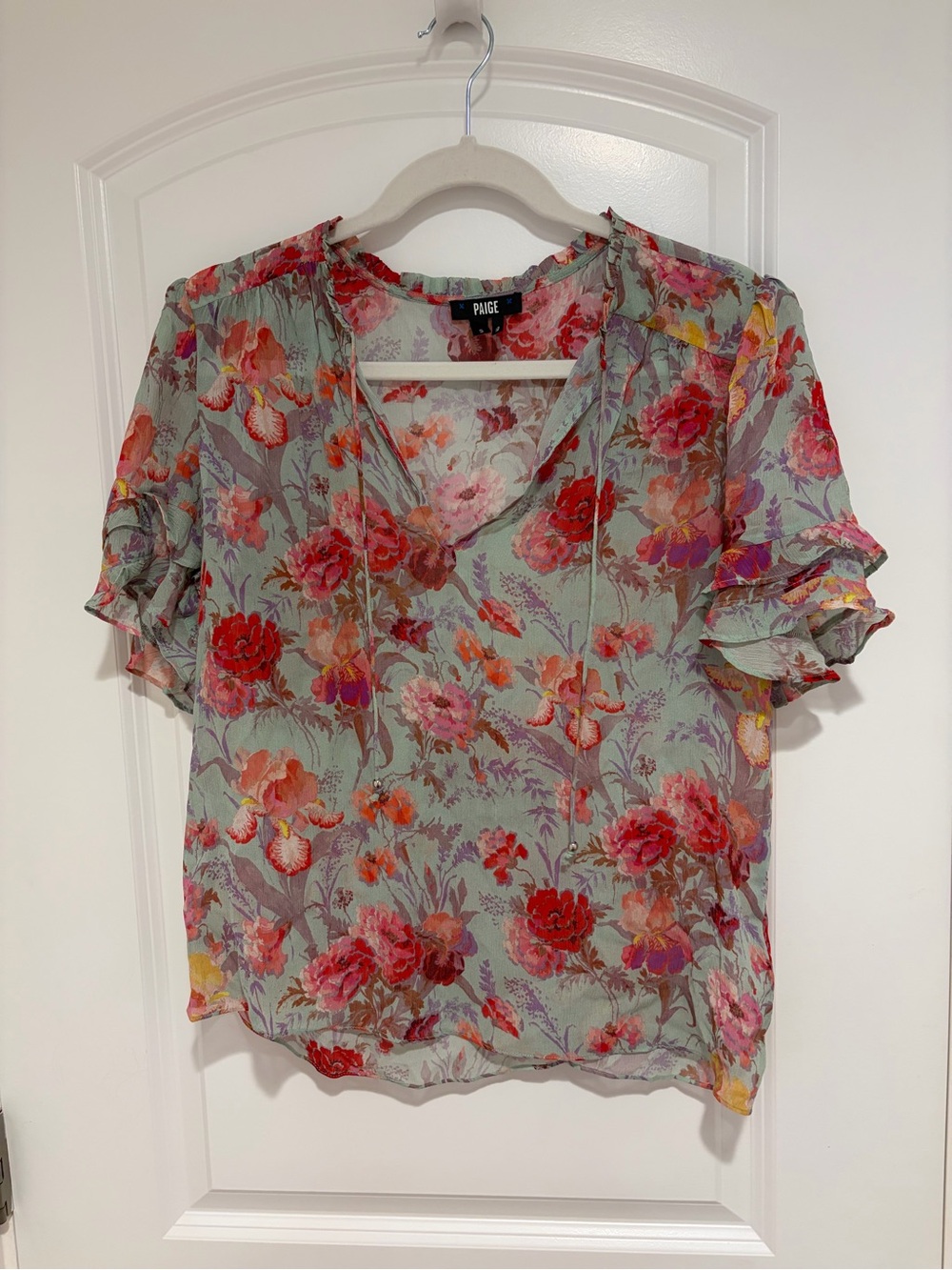 PAIGE Floral Tie-Neck Ruffle Sleeve Blouse in Sage Green and Red